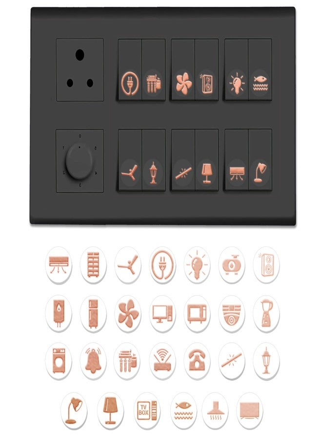 Rousrie Embossed Foil Transparent Switch Stickers for Switch Board | 27 Designs, Pack of 330 Stickers for Home Including Fan, Light and Many More (Rose Gold) - Image 1